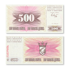Bosnia 500 Dinars, 1992, B117a, P14a, UNC - Robert's World Money - World Banknotes