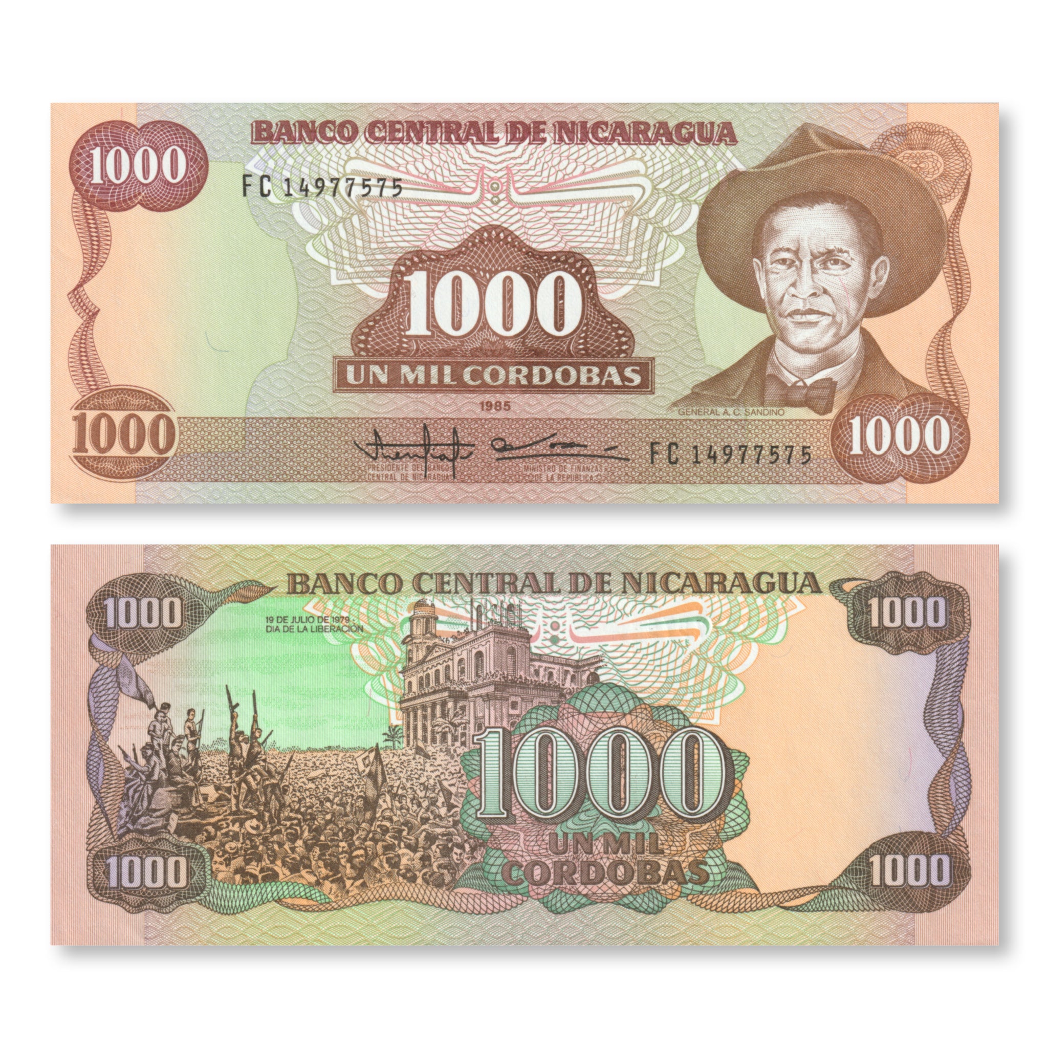 Nicaragua 1000 Córdobas, 1985, B450b, P156b, UNC - Robert's World Money - World Banknotes