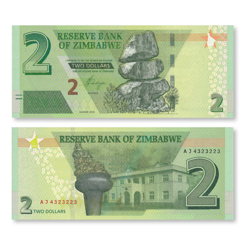 Zimbabwe 2 Dollars, 2019, B192a, UNC - Robert's World Money - World Banknotes