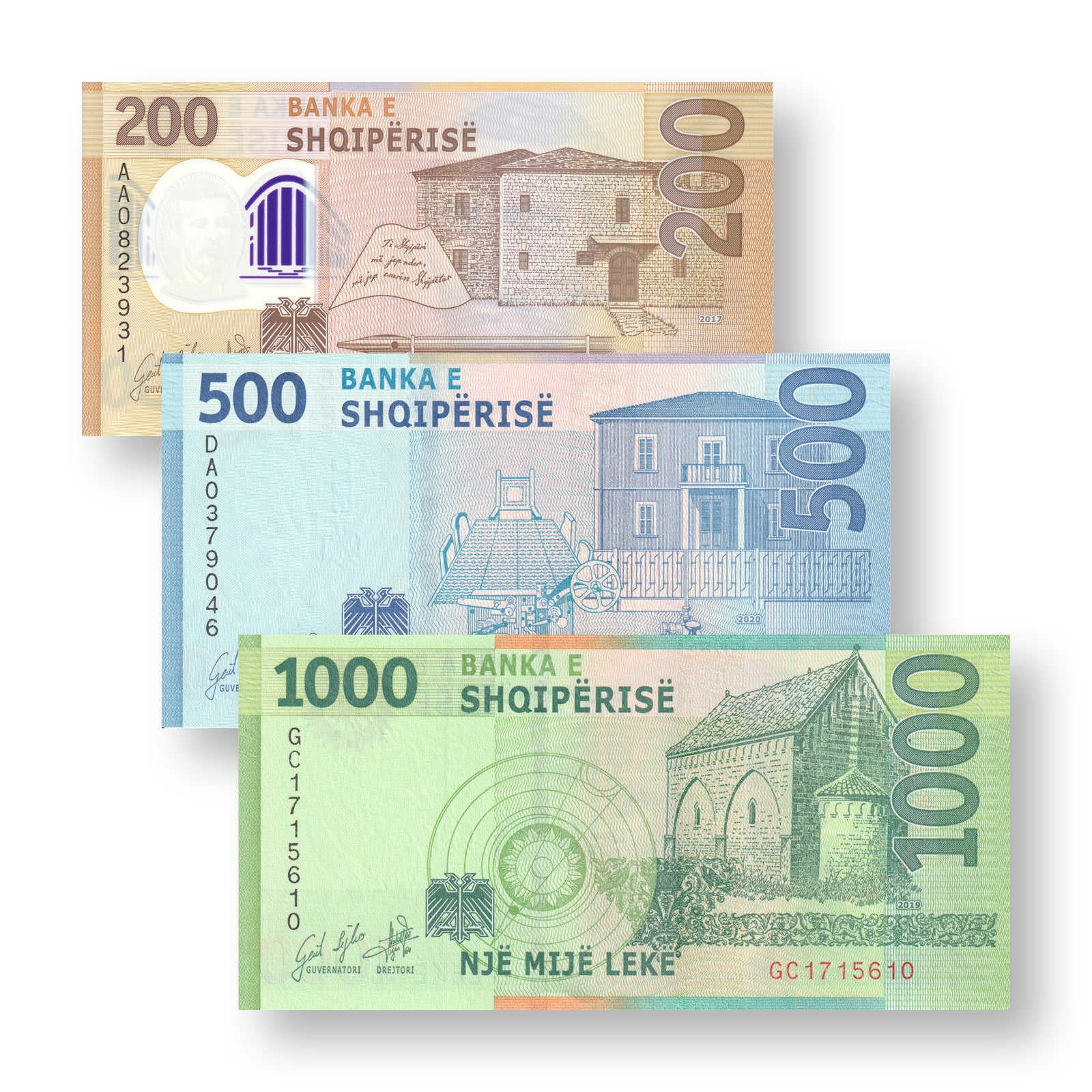 Albania Set: 200–1,000 Leke, 2017–2020, B322-B324, UNC - Robert's World Money - World Banknotes
