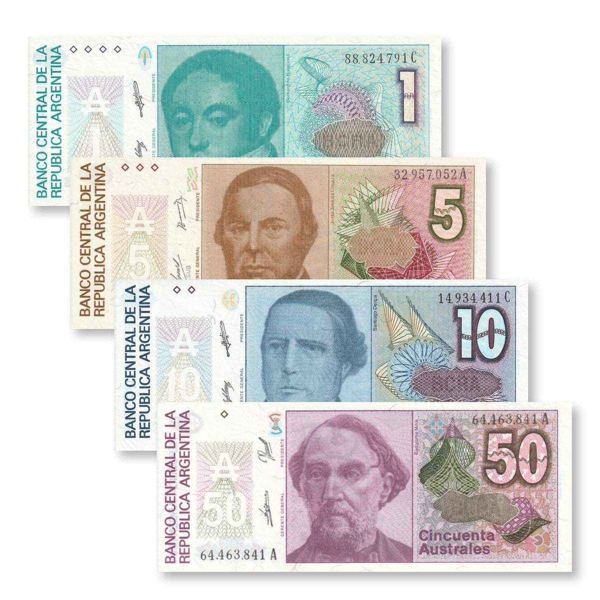 Argentina Set: 1–50 Australes, 1985–1989, B376–B379, P323–P326 - Robert's World Money - World Banknotes