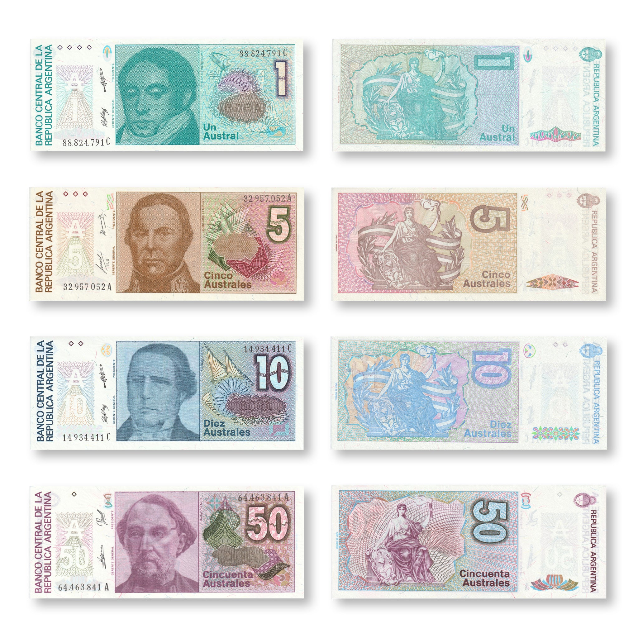 Argentina Set: 1–50 Australes, 1985–1989, B376–B379, P323–P326 - Robert's World Money - World Banknotes