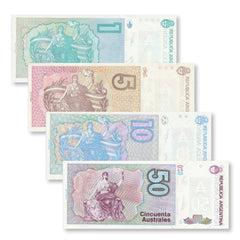 Argentina Set: 1–50 Australes, 1985–1989, B376–B379, P323–P326 - Robert's World Money - World Banknotes