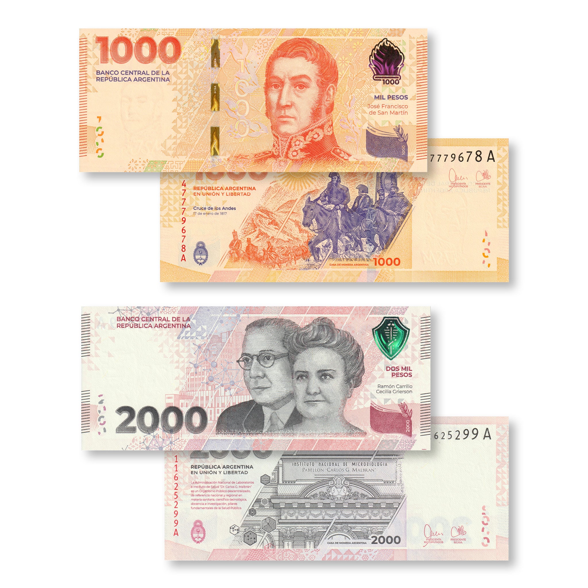 Argentina Set: 1000 & 2000 Pesos, 2023, B426–B427, UNC - Robert's World Money - World Banknotes