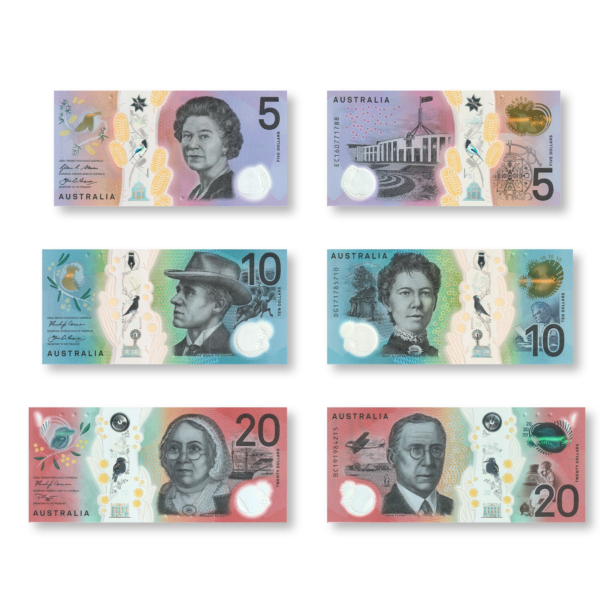 Australia Set: 5, 10 & 20 Dollars, 2016–2019, B230-B232, UNC - Robert's World Money - World Banknotes