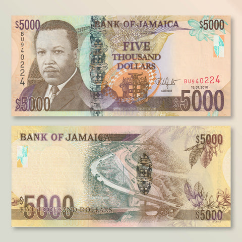 Jamaica 5000 Dollars, 2010, B242b, P87b, UNC - Robert's World Money - World Banknotes
