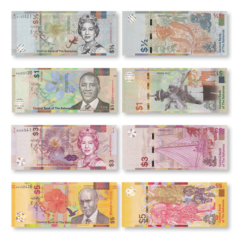 Bahamas Set: Half–$5 Dollars, 2017–2020, B348–B351, UNC - Robert's World Money - World Banknotes