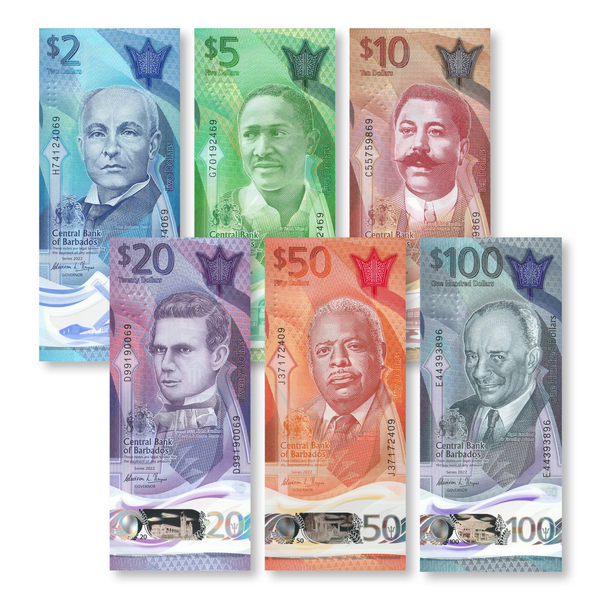 Barbados Full Set: 2–100 Dollars, 2022, B239–B244, Barbados' First Polymer Series - Robert's World Money - World Banknotes