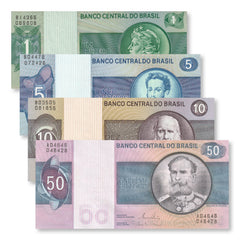 Brazil Set: 1–50 Cruzeiros, 1974–1980, B812–B815, P191–P194, UNC - Robert's World Money - World Banknotes