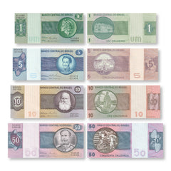 Brazil Set: 1–50 Cruzeiros, 1974–1980, B812–B815, P191–P194, UNC - Robert's World Money - World Banknotes