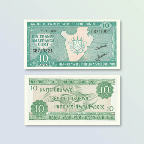 Burundi 10 Francs, 2007, B214l, P33e, UNC - Robert's World Money - World Banknotes