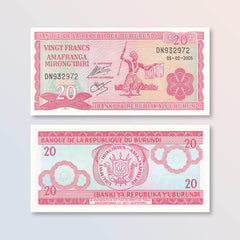 Burundi 20 Francs, 2005, B215k, P27b, UNC - Robert's World Money - World Banknotes