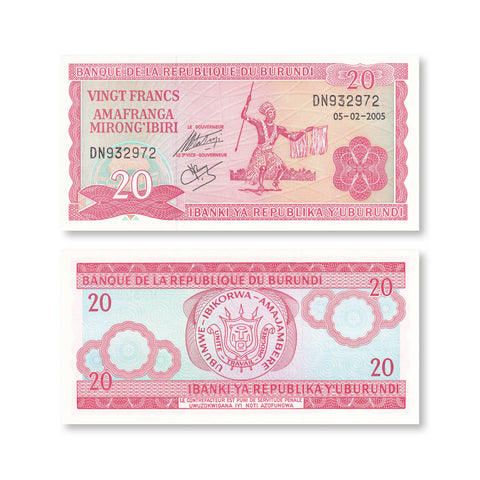 Burundi 20 Francs, 2005, B215k, P27b, UNC - Robert's World Money - World Banknotes