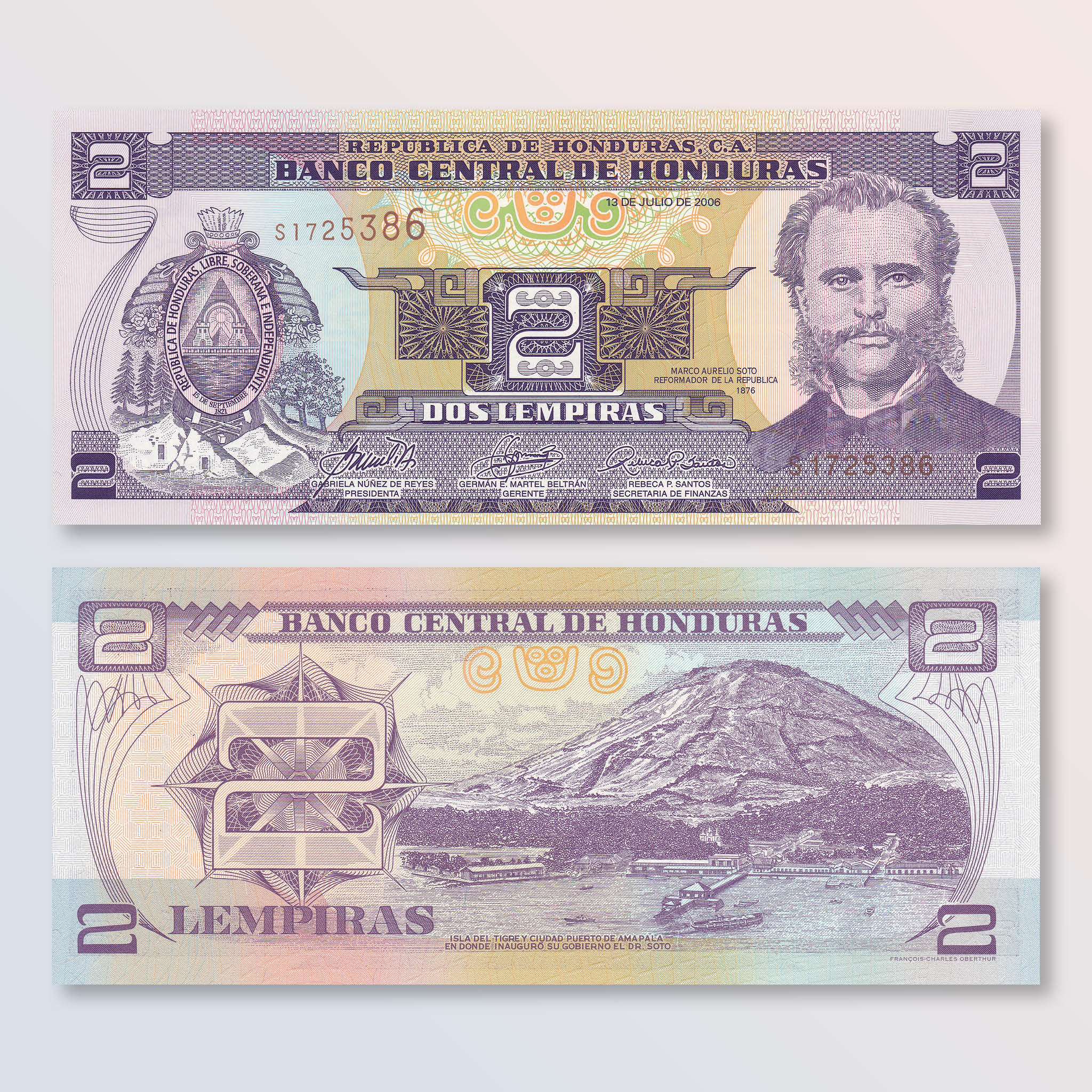 Honduras 2 Lempiras, 2006, B326j, P80Af, UNC - Robert's World Money - World Banknotes