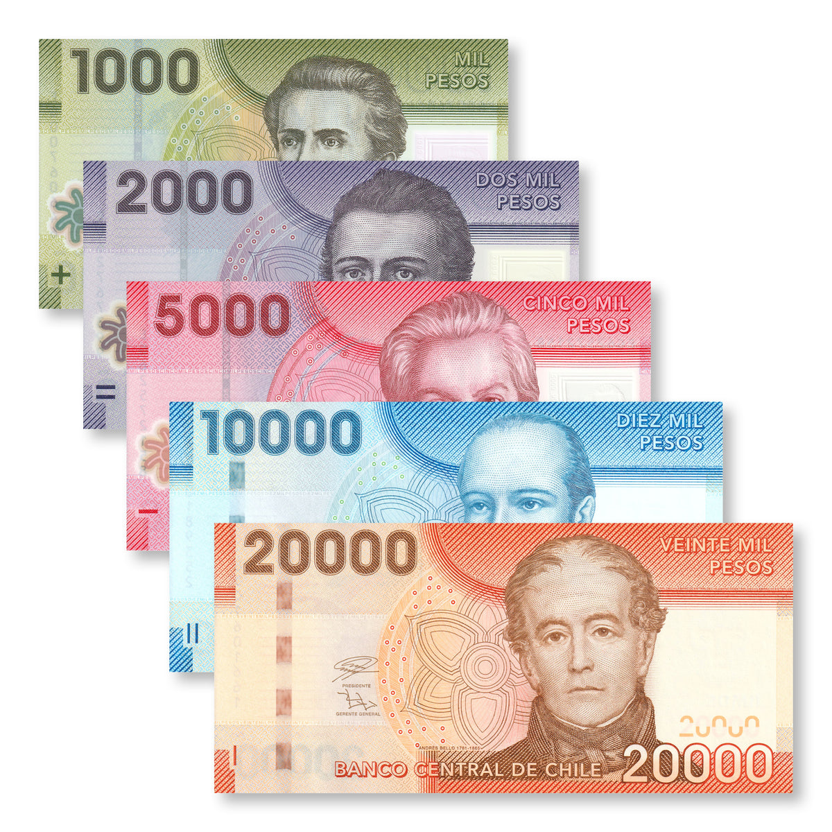 Chile Full Set: 1,000–20,000 Pesos, 2014–2022, B296–B300, P161–P165, UNC - Robert's World Money - World Banknotes