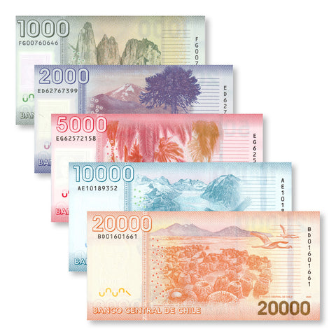 Chile Full Set: 1,000–20,000 Pesos, 2014–2022, B296–B300, P161–P165, UNC - Robert's World Money - World Banknotes