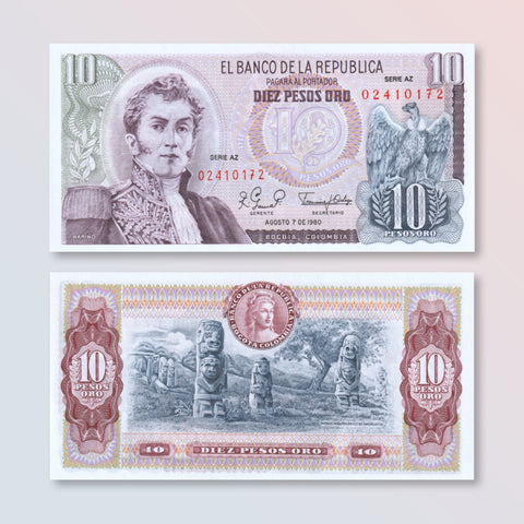 Colombia 10 Pesos oro, 1980, B950o, P407h, UNC - Robert's World Money - World Banknotes