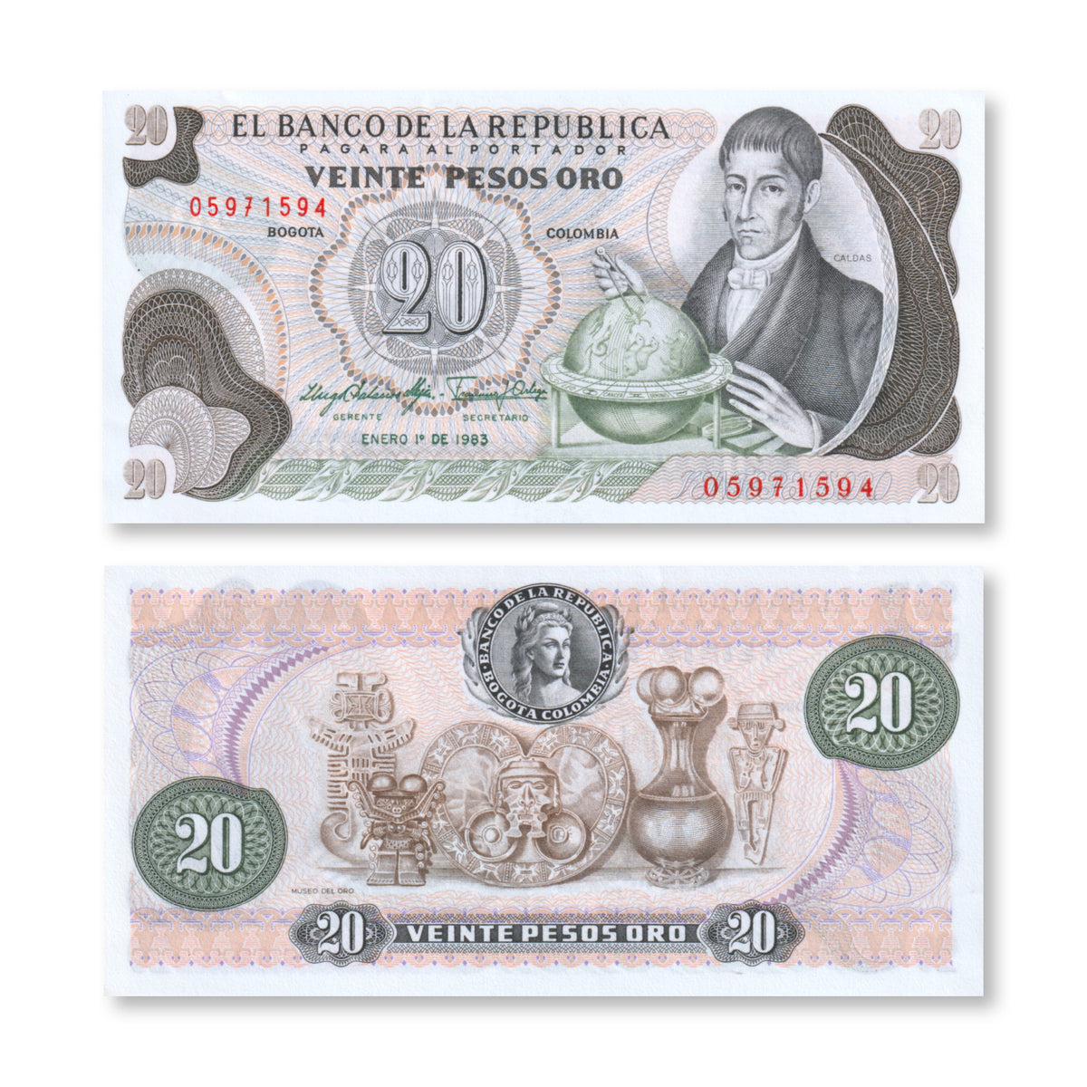 Colombia 20 Pesos oro, 1982, B951k, P409d, UNC - Robert's World Money - World Banknotes