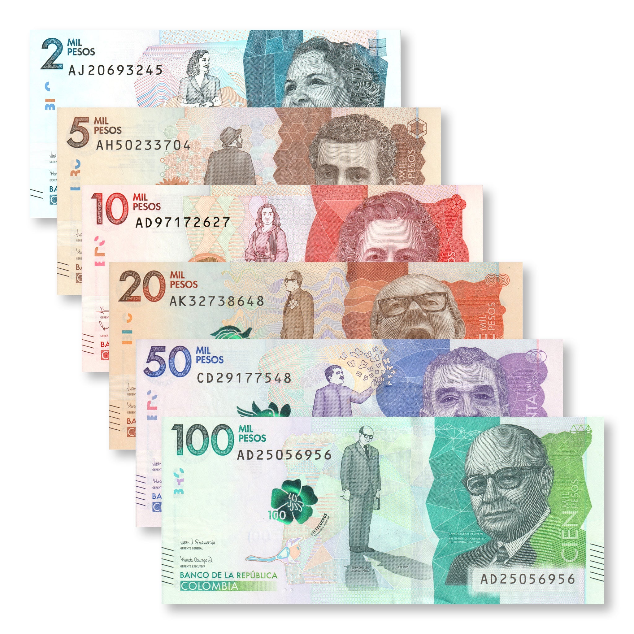 Colombia Full Set: 2,000–100,000 Pesos, 2015+, B993–B998, P458–P463, UNC - Robert's World Money - World Banknotes