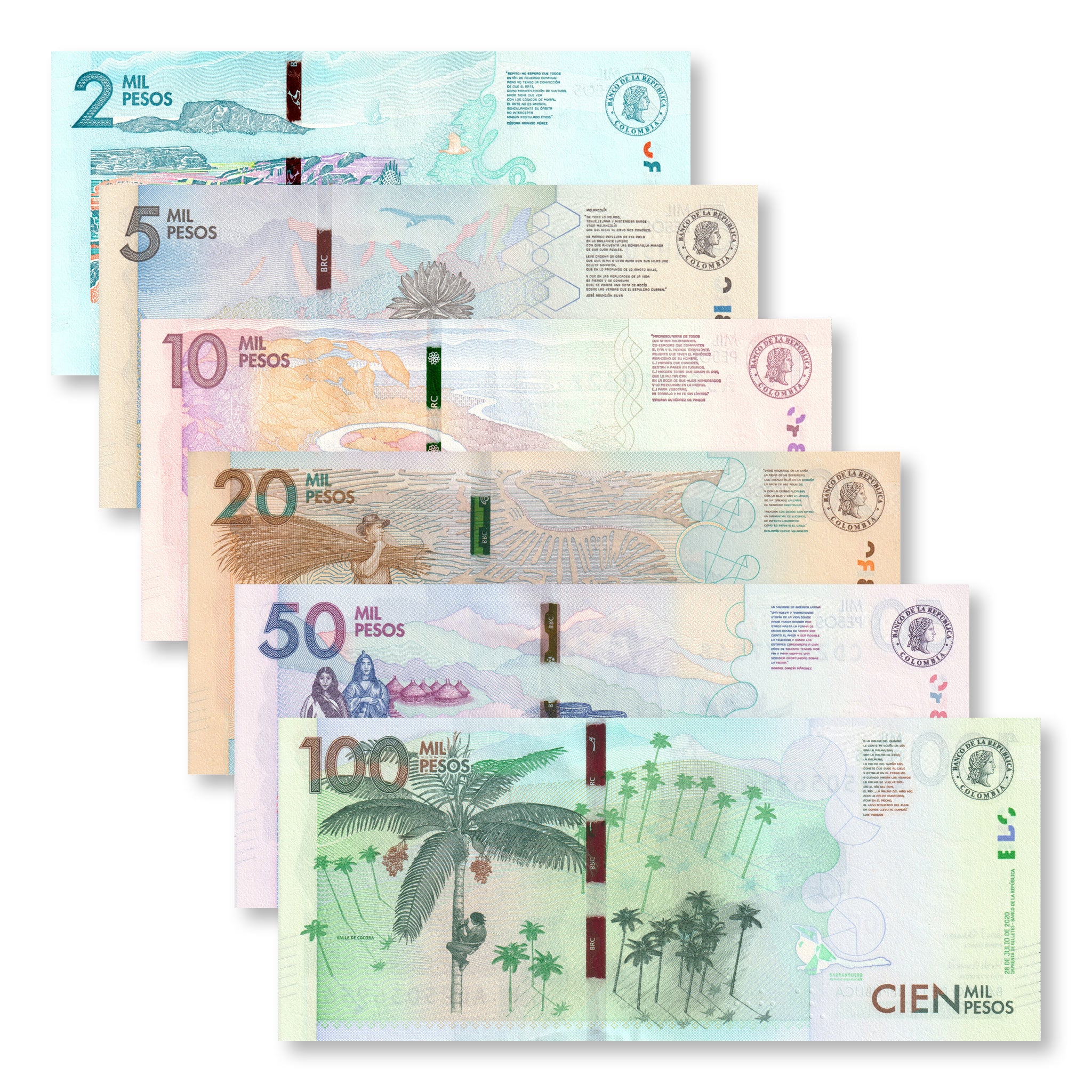 Colombia Full Set: 2,000–100,000 Pesos, 2015+, B993–B998, P458–P463, UNC - Robert's World Money - World Banknotes