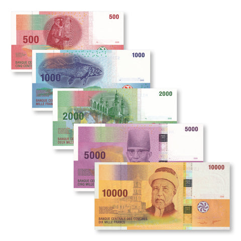 Comoros Full Set: 500–10,000 Francs, 2006–2020, B306–B310, P15–P19, UNC - Robert's World Money - World Banknotes