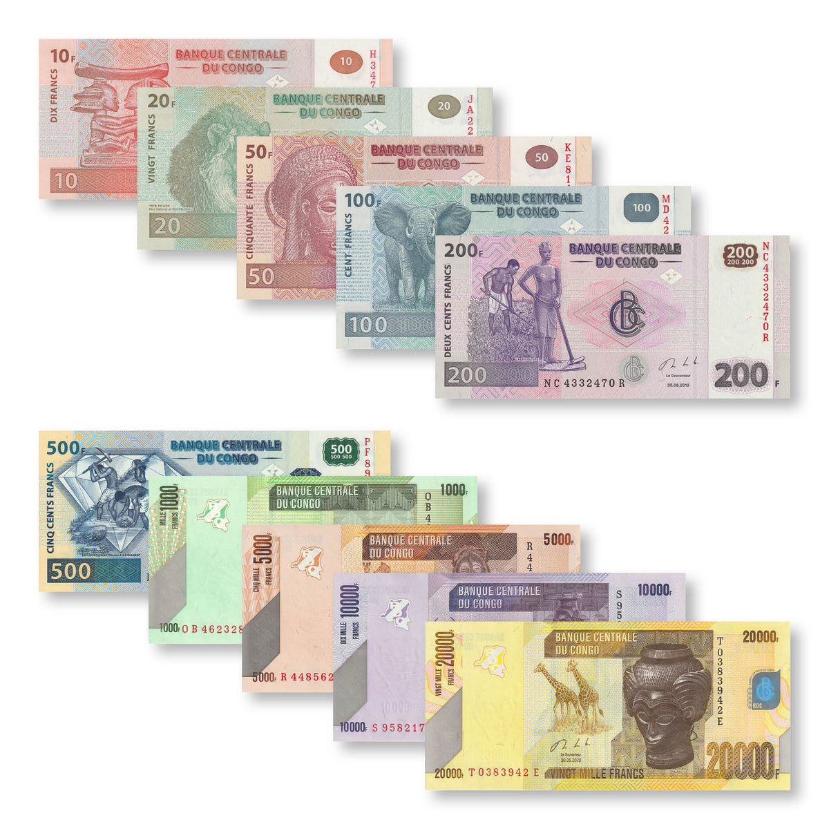 Congo Set: 10–20,000 Francs, 2002–2020, UNC - Robert's World Money - World Banknotes