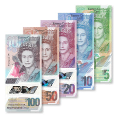 East Caribbean States Full Set: 5–100 Dollars, 2019 & 2021, B240–B244, UNC