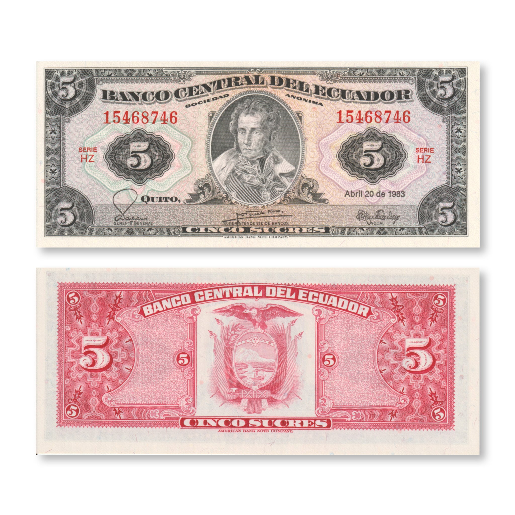 Ecuador 5 Sucres, 1983, P108b, UNC - Robert's World Money - World Banknotes
