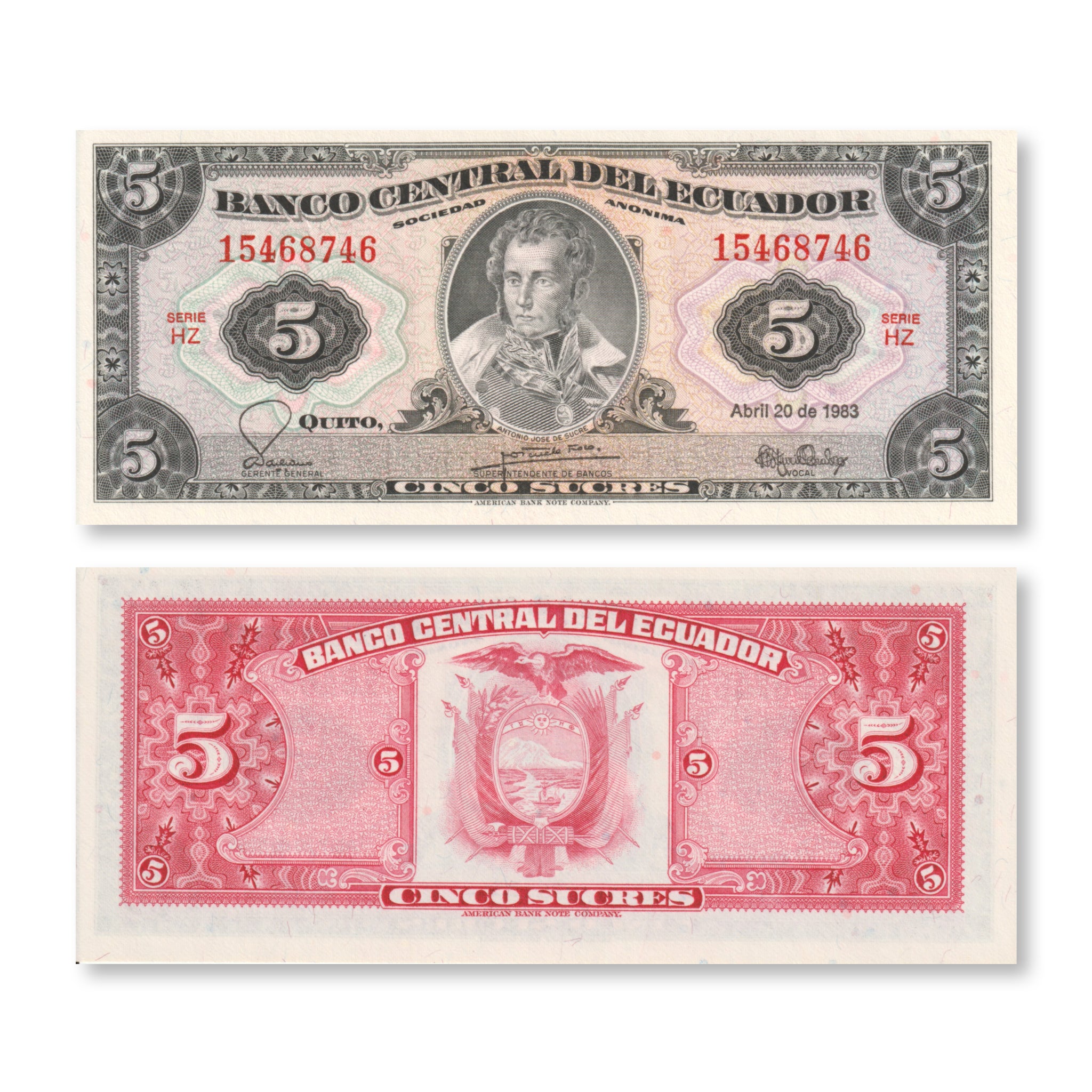 Ecuador 5 Sucres, 1983, P108b, UNC - Robert's World Money - World Banknotes