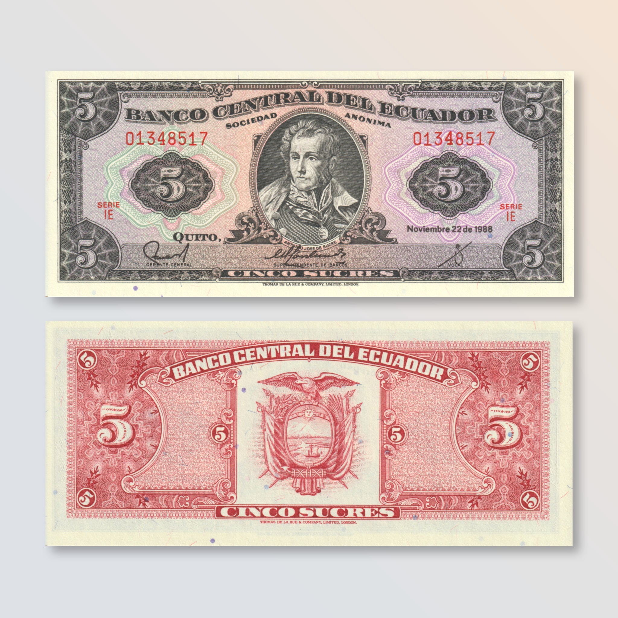 Ecuador 5 Sucres, 1988, , P113d, UNC - Robert's World Money - World Banknotes