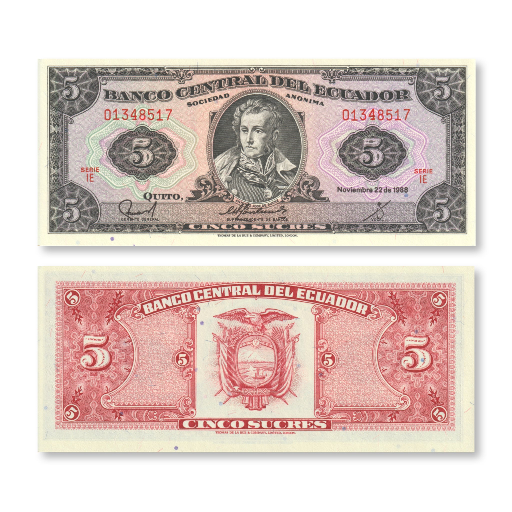 Ecuador 5 Sucres, 1988, , P113d, UNC - Robert's World Money - World Banknotes