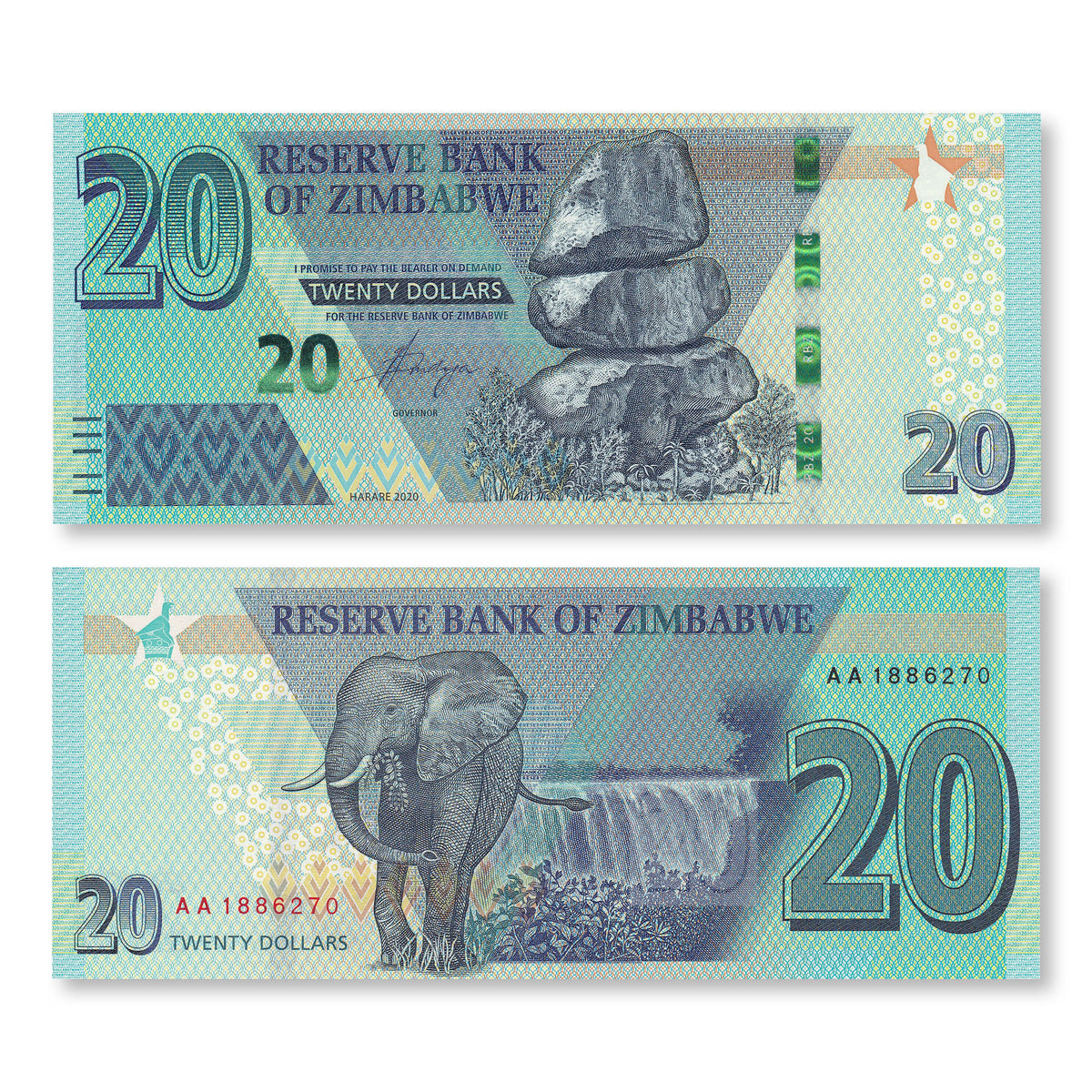 Zimbabwe 20 Dollars, 2020, B195a, UNC - Robert's World Money - World Banknotes