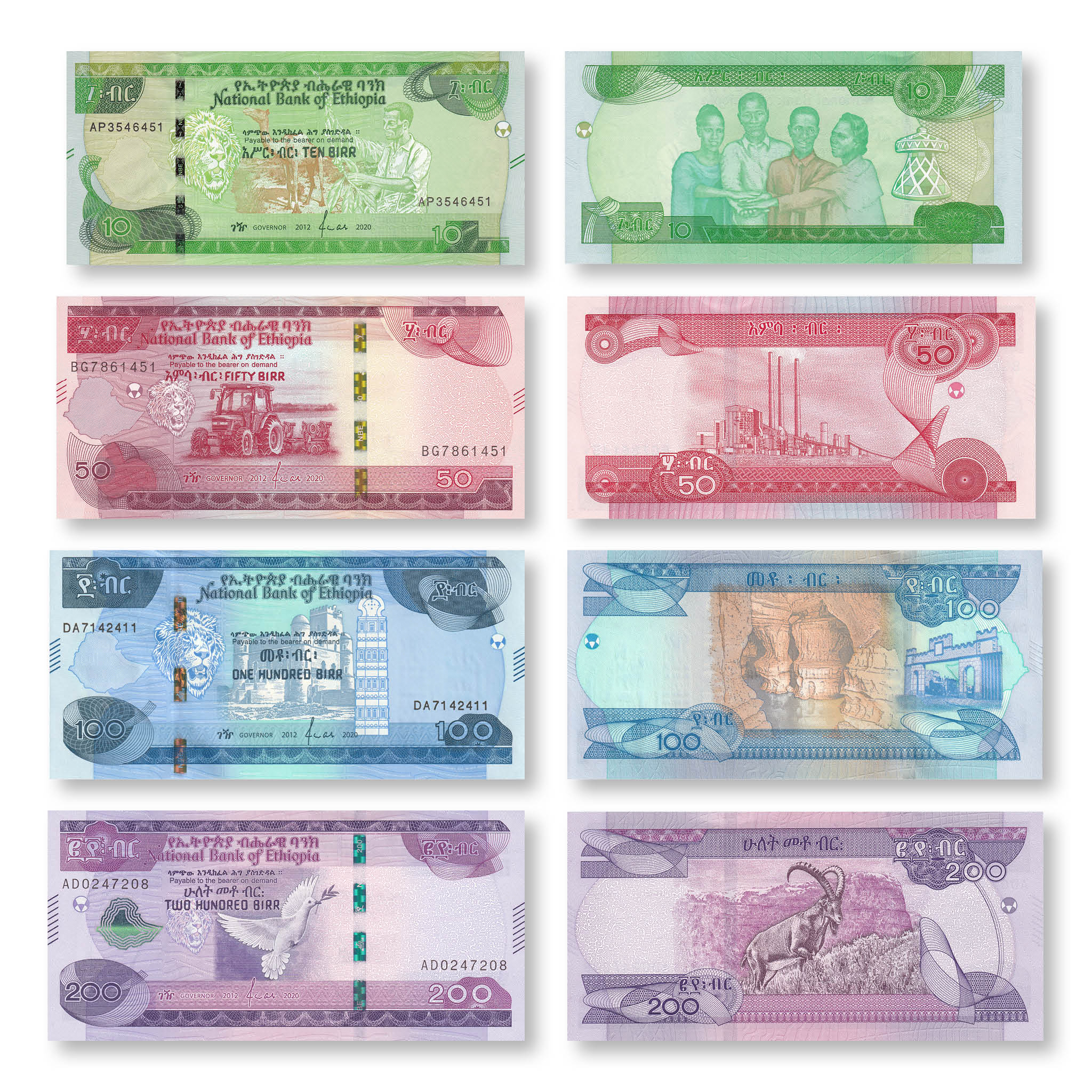 Ethiopia Set: 10–200 Birr, 2012/2020, B335–B338. UNC - Robert's World Money - World Banknotes