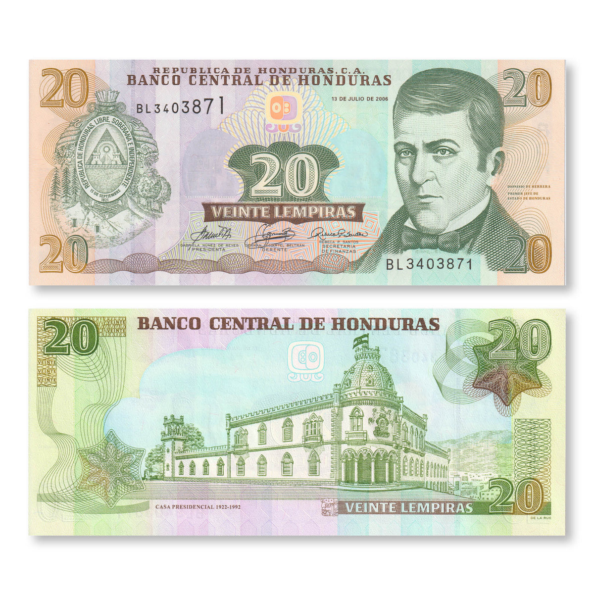 Honduras 20 Lempiras, 2006, B339b, P93, UNC - Robert's World Money - World Banknotes