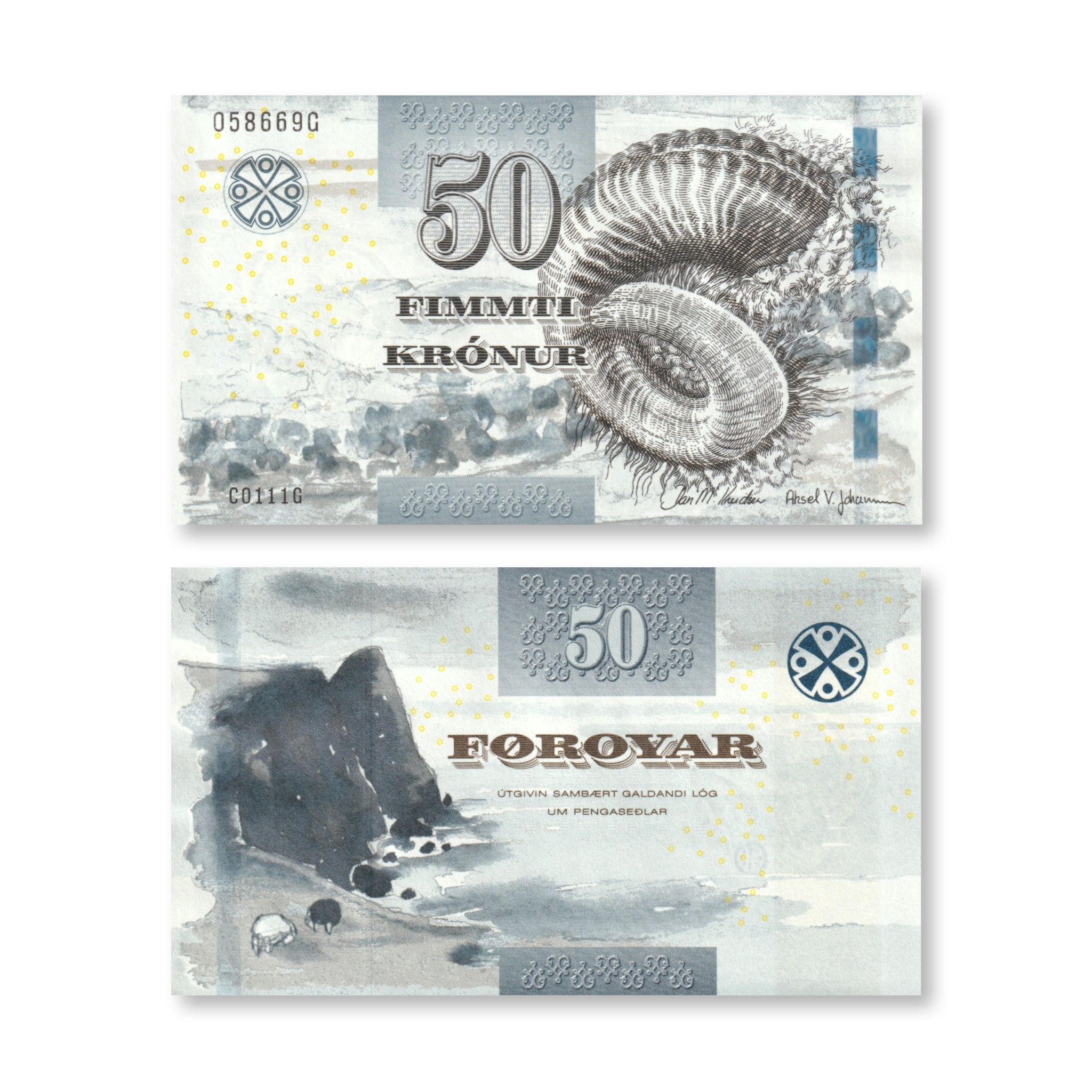 A Faroe Islands 50 Krónur banknote from 2011, showing the front with a stone wall and ram's horn, and the back with a scenic view of a hilly coast near Sumba on Suøroy.