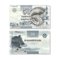 A Faroe Islands 50 Krónur banknote from 2011, showing the front with a stone wall and ram's horn, and the back with a scenic view of a hilly coast near Sumba on Suøroy.