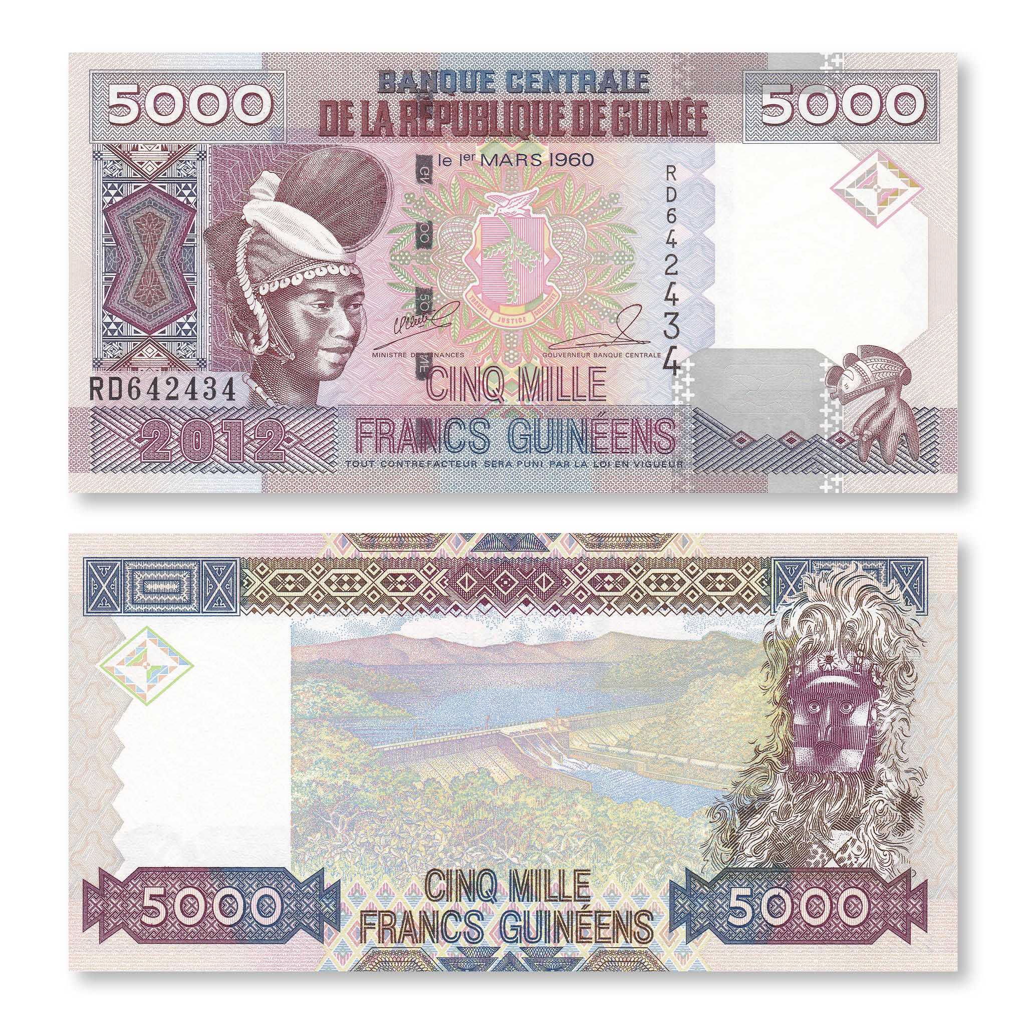 Guinea Set: 100–10,000 Francs, 2006–2012, B324; B328–B330; B336, UNC - Robert's World Money - World Banknotes