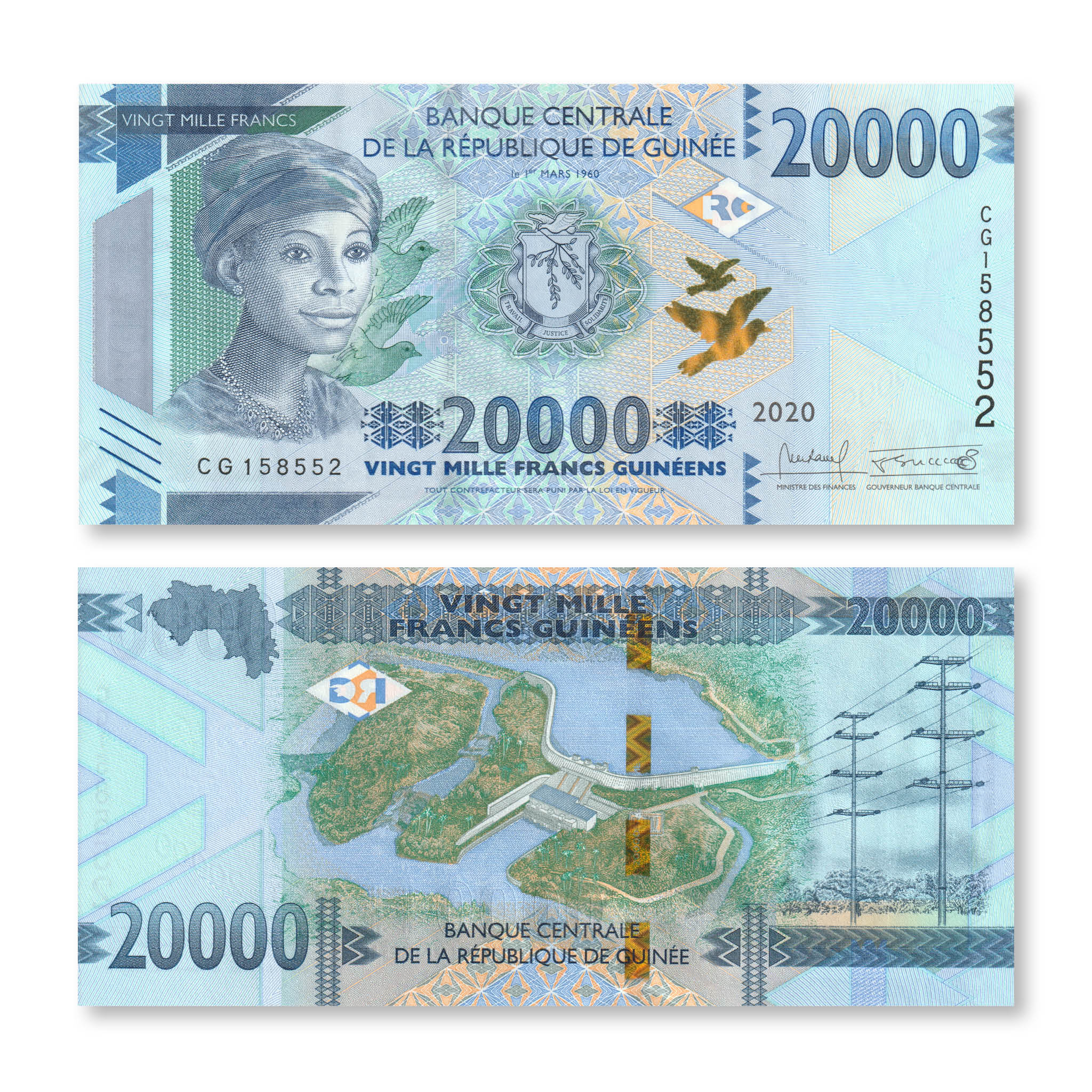Guinea Full Set: 100–20,000 Francs, 2015+, B337–B344, UNC - Robert's World Money - World Banknotes
