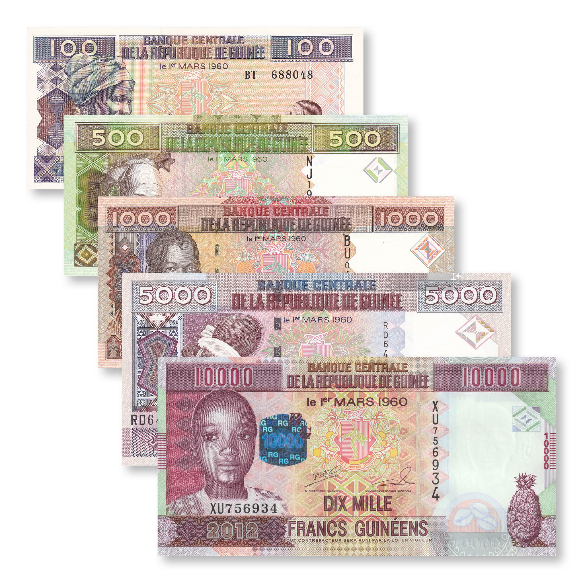Guinea Set: 100–10,000 Francs, 2006–2012, B324; B328–B330; B336, UNC - Robert's World Money - World Banknotes