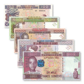 Guinea Set: 100–10,000 Francs, 2006–2012, B324; B328–B330; B336, UNC - Robert's World Money - World Banknotes