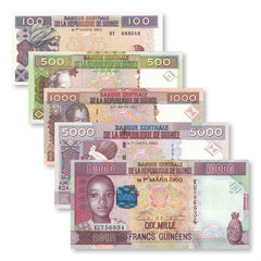 Guinea Set: 100–10,000 Francs, 2006–2012, B324; B328–B330; B336, UNC - Robert's World Money - World Banknotes