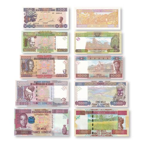 Guinea Set: 100–10,000 Francs, 2006–2012, B324; B328–B330; B336, UNC - Robert's World Money - World Banknotes