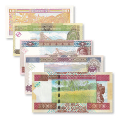 Guinea Set: 100–10,000 Francs, 2006–2012, B324; B328–B330; B336, UNC - Robert's World Money - World Banknotes