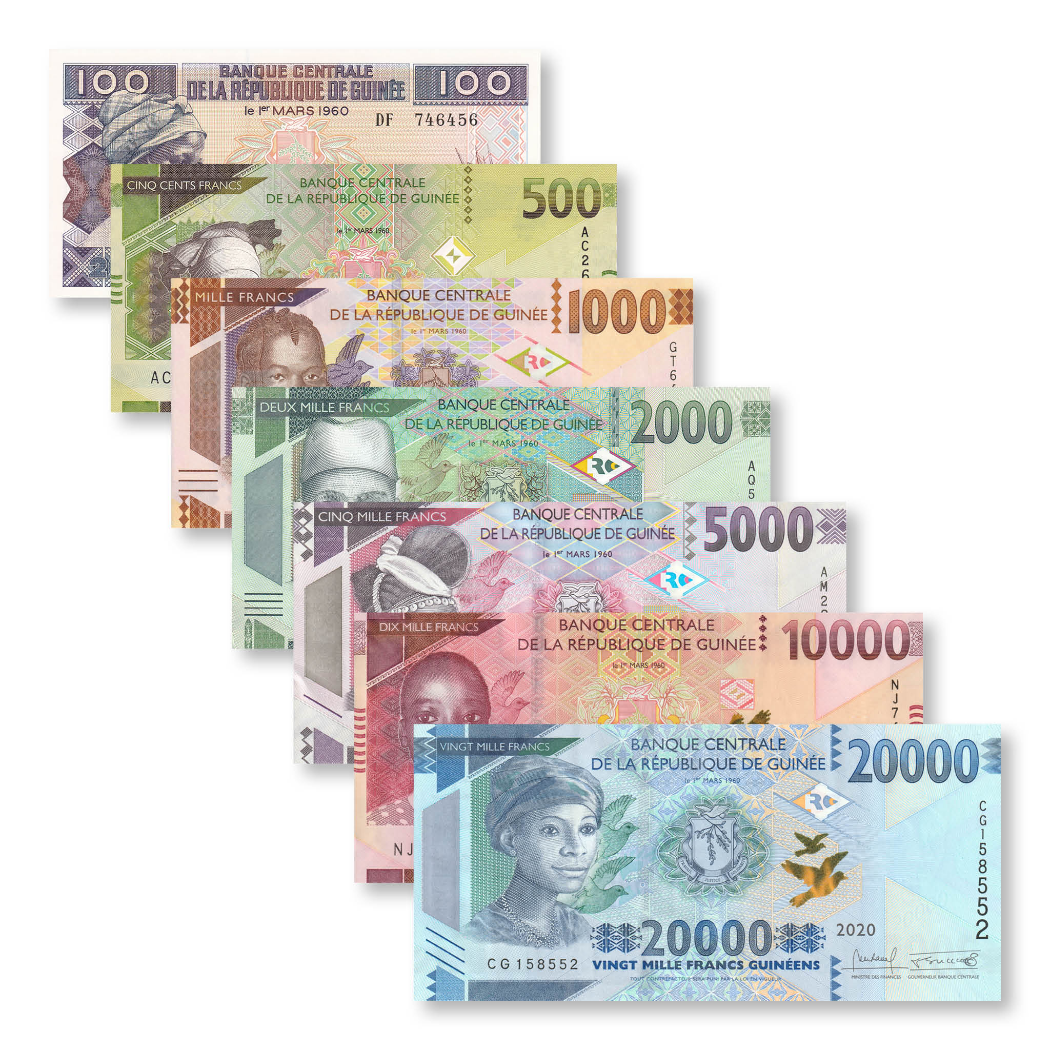 Guinea Full Set: 100–20,000 Francs, 2015+, B337–B344, UNC - Robert's World Money - World Banknotes