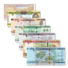 Guinea Full Set: 100–20,000 Francs, 2015+, B337–B344, UNC - Robert's World Money - World Banknotes