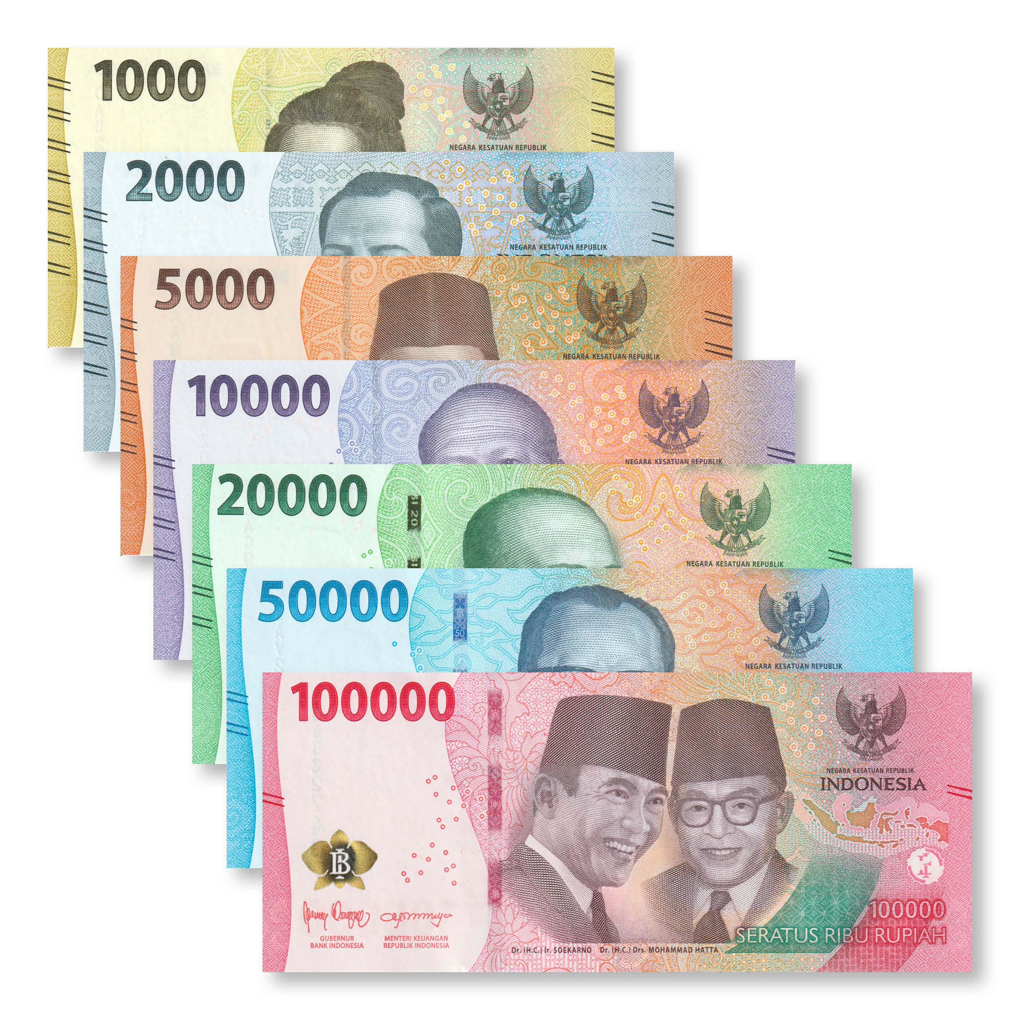 Indonesia Full Set: 1,000–100,000 Rupiah, 2022, B617–B623, UNC - Robert's World Money - World Banknotes