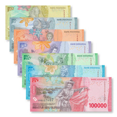 Indonesia Full Set: 1,000–100,000 Rupiah, 2022, B617–B623, UNC - Robert's World Money - World Banknotes