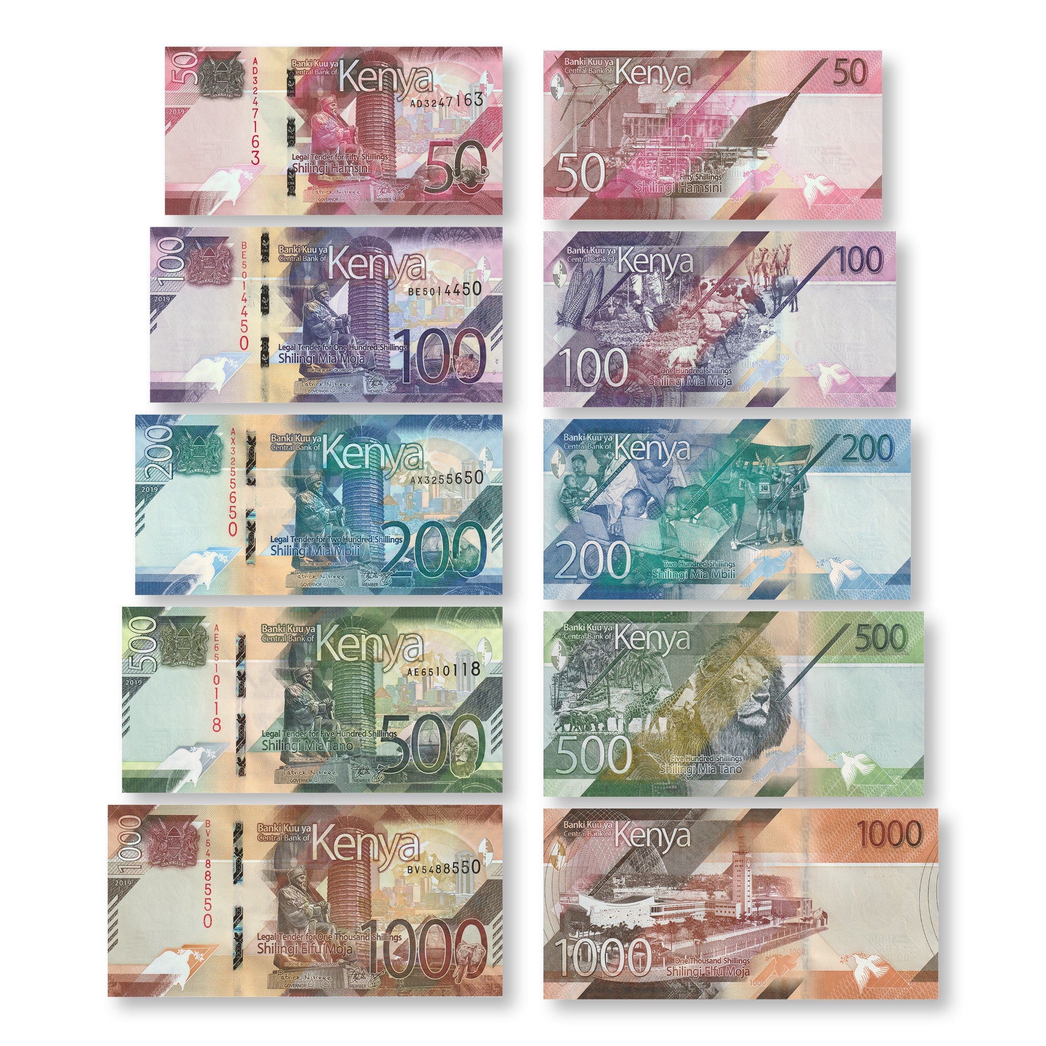 Kenya Full Set: 50–1,000 Shillings, 2019, B144–B148, UNC - Robert's World Money - World Banknotes