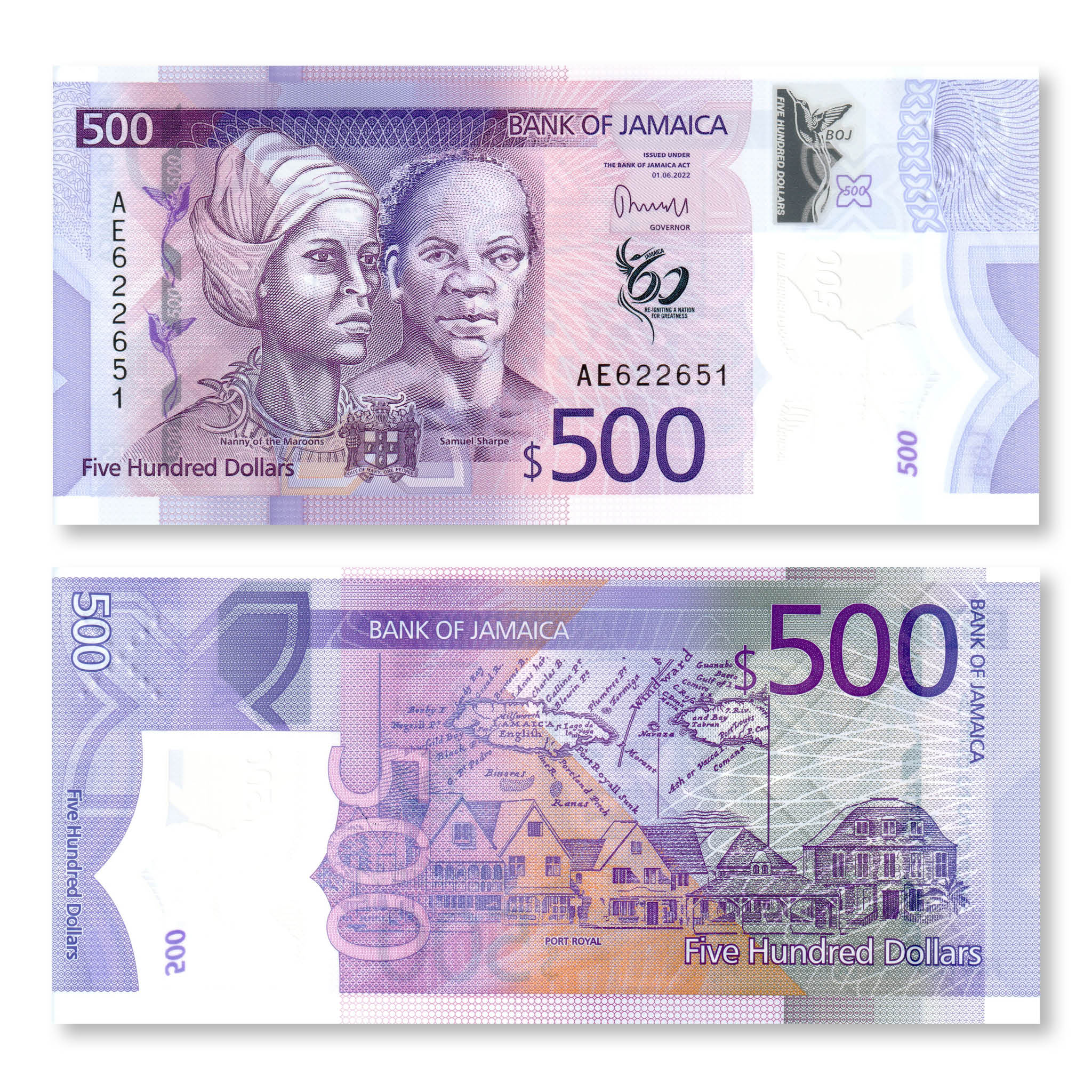 Jamaica 500 Dollars, 2022 (2023) Commemorative, B253a, UNC - Robert's World Money - World Banknotes