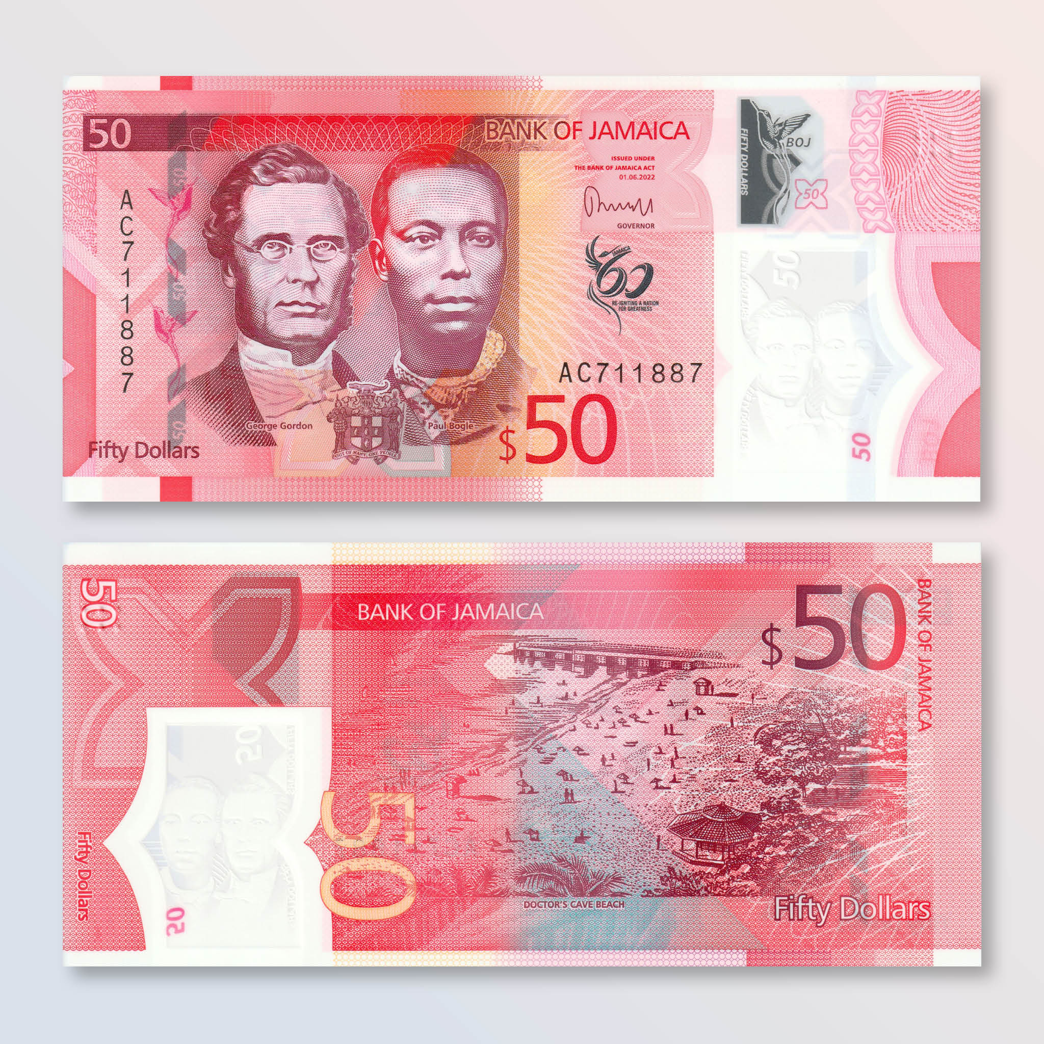 Jamaica 50 Dollars, 2022 (2023) Commemorative, B251a, UNC - Robert's World Money - World Banknotes